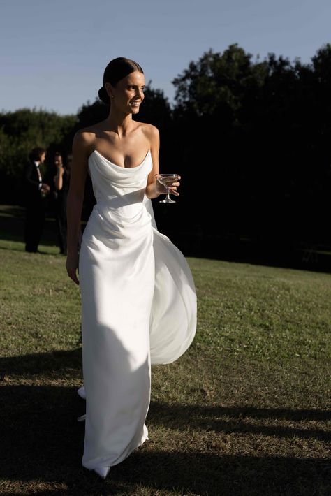 Vivienne Westwood Satin Dress, Vivienne Westwood Galaxy Cape, Wedding Dresses Sarah Seven, Tacky Wedding Dress, Draped Bodice Wedding Dress, Fitted Crepe Wedding Dress, Vivenwestwood Wedding Dress, Fitted Silk Wedding Dress, Reception Dress Aesthetic