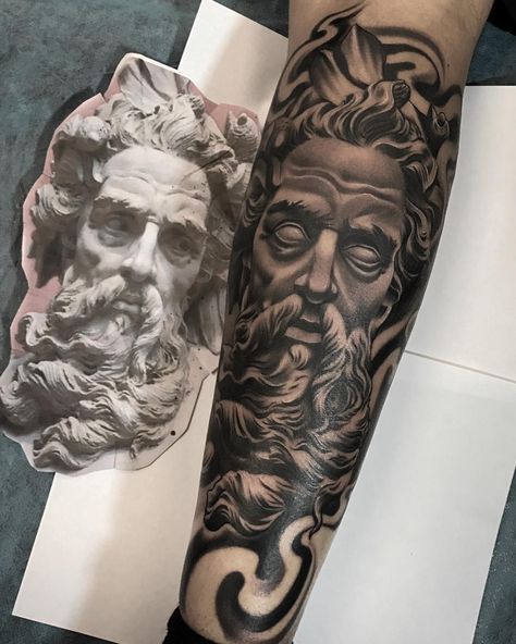 250+ Best Zeus Tattoo Designs With Meanings (2022) Greek Mythology - TattoosBoyGirl Greek God Tattoo, Flowers Tattoos, Poseidon Tattoo, Zeus Tattoo, Greek Mythology Tattoos, God Tattoos, Tattoo Inspiration Men, Forearm Sleeve Tattoos, Half Sleeve Tattoos For Guys