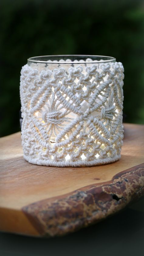 diy macrame, Lighting ideas, Macrame candle cover, Hurricane candle holders, DIY outdoor lighting, indoor lighting, macrame pattern tutorial, Bohemian Lighting DIY, Boho style decor ideas, macrame jar cover, macrame flower pattern, Boho Home Decor DIY, Wedding Table Decor, interior design accessories, Macrame Vase Diy, Macrame On Jars Diy, Macrame Tealight Holder, Macrame Candle Cover, Glassware Crafts With Macramae, Macrame Vase Cover, Macrame Vase Cover Tutorial, Macrame Jar Cover Diy, Macrame Jars