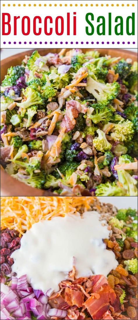 Everyone's favorite quick and easy side for our BEST broccoli salad recipe that's perfect for potlucks and BBQs. Seriously, I'm obsessed with this recipe! via @ohsweetbasil Broccoli Salad With Raisins, Best Broccoli Salad, Best Broccoli Salad Recipe, Salad Recipes With Bacon, Easy Broccoli Salad, Healthy Broccoli Salad, Best Broccoli, Salad Cucumber, Broccoli Cauliflower Salad