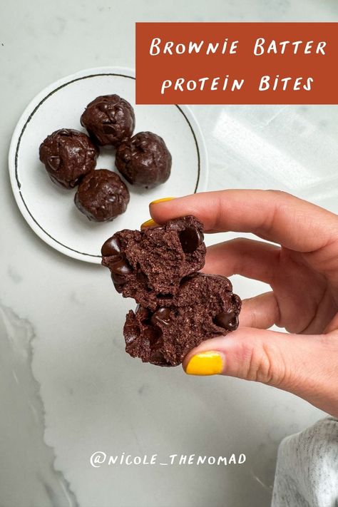 Brownie Batter Protein Bites Protein Finger Foods Party, Air Fryer Protein Brownie, Devotion Brownie Batter Recipes, Brownie Batter Protein Balls, Nicole The Nomad, Fat Free Desserts, Wfpb Vegan, Protein Brownie, Recipes Written