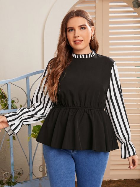 Plus Contrast Striped Peplum Top Black Peplum Top Outfit, Peplum Top Outfits, Black Peplum Top, Striped Peplum Top, Outfit Plus Size, Fall Plus Size, Corporate Fashion, Black Peplum, Designer Party Wear Dresses