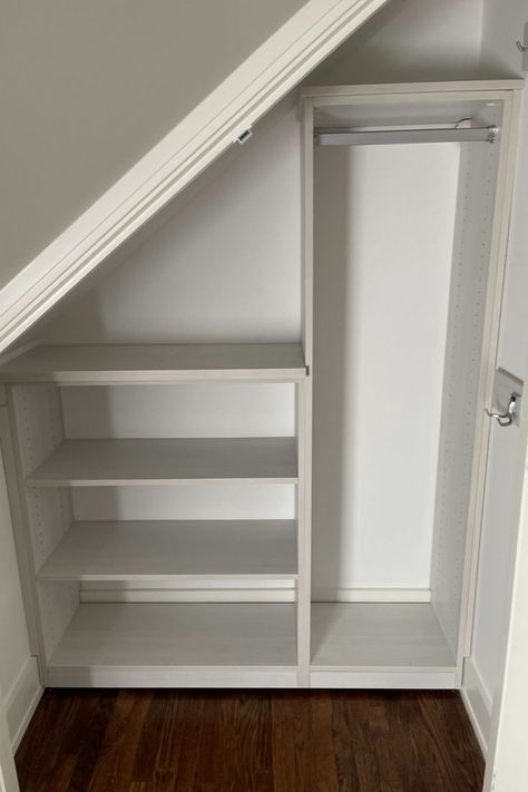 Tiny Slanted Closet Ideas, Attic Desk Sloped Ceiling, Small Angled Closet Ideas, Closet Under Eaves Sloped Ceiling, Attic Bedroom Ideas Angled Ceilings Slanted Walls Closet Space, Angled Wall Shelving Slanted Ceiling, Sloped Wall Storage Ideas, Shelves On Slanted Wall, Closets With Slanted Ceilings