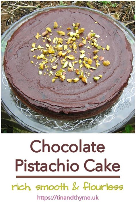 Chocolate Pistachio Cake. Rich, smooth and flourless, this chocolate pistachio cake makes for a decadent dessert. The gluten-free base is topped with a dark chocolate ganache. #TinandThyme #ChocolateCake #ChocolateGanache #GlutenFree #PistachioCake Flourless Pistachio Cake With Chocolate Ganache, Chocolate And Pistachio Cake, Flourless Pistachio Cake, Pistachio Chocolate Cake, Flowerless Chocolate Cake, Chocolate Pistachio Cake, Flourless Cakes, Celebration Desserts, Passover Desserts