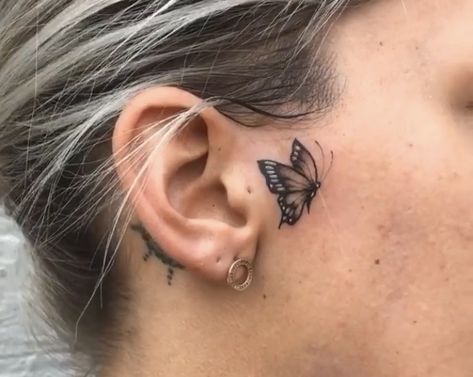 Neck Tattoos Women Throat Butterfly, Side Burn Tattoos, Butterfly Face Tattoo, Personal Tattoos, Small Face Tattoos, Hairline Tattoos, Face Tats, Face Tattoos For Women, Behind Ear Tattoos