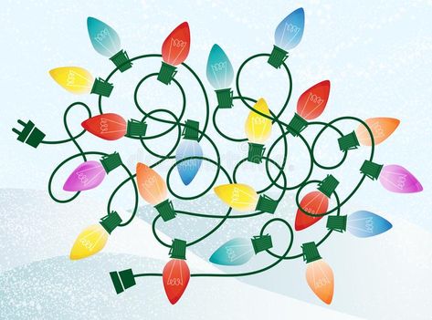 Christmas Lights Illustration, Christmas Lights Drawing, Retro Christmas Lights, Tangled Christmas Lights, Lights Illustration, Christmas Lights Clipart, Colorful Christmas Lights, Snowy Background, Tangled Lights