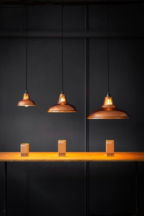 Micro, Standard and Supersized Copper Coolicons | Artifact Lighting Kitchen Lighting Ideas Pendant, Copper Lights, Kitchen Lighting Ideas, Vintage Industrial Lighting, Ideas For Kitchen, Factory Lighting, Copper Pendant Lights, Copper Lamps, Copper Lighting