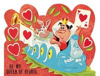 Vintage Disney Valentine with the Queen of Hearts from Alice in Wonderland. The Queen and the White Rabbit are in a caterpiller gondola from the Alice in Wonderland ride at Disneyland. Disneyland Valentines, Disney Queens, Disney Cards, Valentine Images, Disney Valentines, Retro Disney, Vintage Valentine Cards, Vintage Disneyland, Retro Valentines