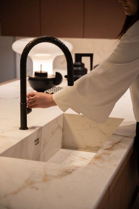 Sink Made From Countertop, Marble Sink Kitchen, Marble Kitchen Sink, White Stone Countertops, Neolith Countertop Kitchens, Sink Kitchen, Stone Kitchen Sink, Marble Sink, Neolith Abu Dhabi White Kitchen