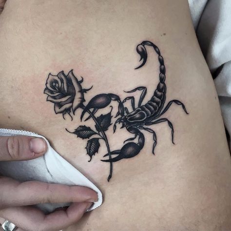 Scorpion and rose by Al Pomeroy #AlPomeroy #oldschool #traditional #blackandgrey #scorpion #rose #animal #nature #flower #leaves #tattoooftheday | Dec 2nd 2017 | 441166 Infected Tattoo, 16 Tattoo, Bauch Tattoos, Scorpio Tattoo, Scorpion Tattoo, Zodiac Tattoos, Arrow Tattoos, Lip Tattoos, Dope Tattoos