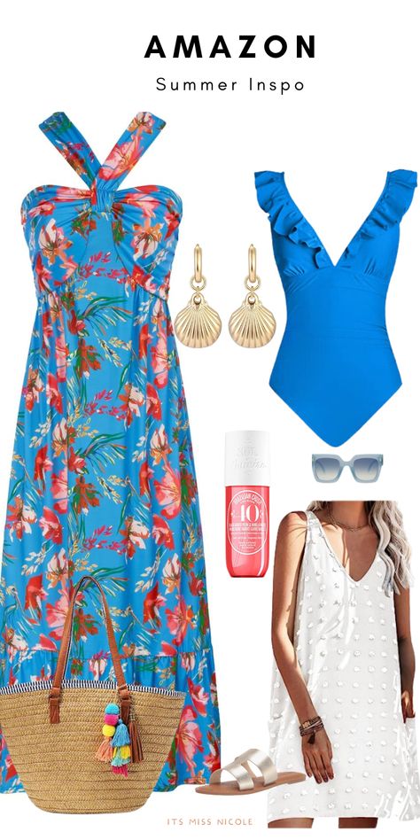 Mexico Vacation Outfits Cancun Resort Wear, Downtown Outfits Summer, Vacay Outfits Casual, Summer Attire For Women, Blue Summer Maxi Dress, Summer Maxi Dress Outfit, Amazon Finds Clothes, Cute Amazon Finds, Outfits 40s