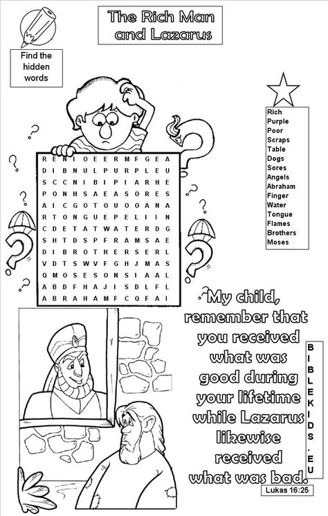 Parable of the Rich Man and Lazarus word search puzzle - Parable of the Rich Man and Lazarus The Rich Man And Lazarus, Rich Man And Lazarus, Word Puzzles Printable, Sunday School Worksheets, Puzzles Printable, Vacation Bible School Themes, Bible Word Searches, Childrens Ministry Curriculum, School Lesson Plans