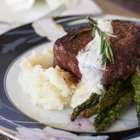 Rich and tender filet mignon is seared and cooked to perfection before being topped with the easiest rosemary garlic aioli. Serve this perfect filet alongside The Fresh Market’s Yukon gold mashed potatoes and roasted asparagus for a fantastic Valentine’s Day meal! Gold Mashed Potatoes, Yukon Gold Mashed Potatoes, Fried Steak Recipes, Filet Mignon Recipes, Prosciutto Wrapped Asparagus, Rosemary Garlic, Yukon Gold, Garlic Aioli, Beef Sausage