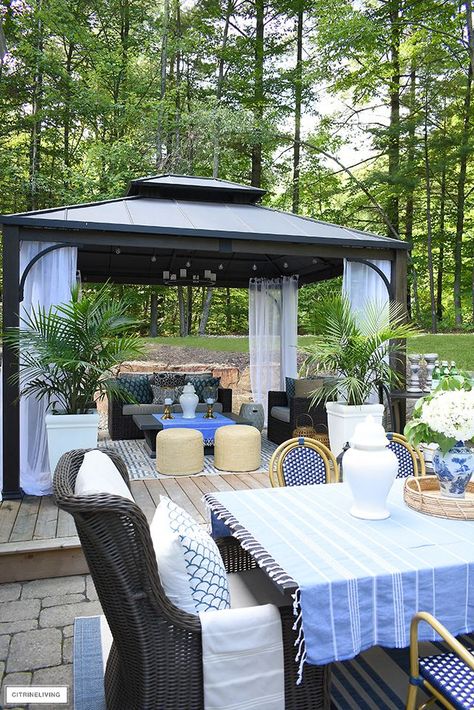 Back Deck Entertaining Area, Home Decorating Ideas Living Room, Patio Under Decks, Gazebo Decorations, Space Lighting, Patio Layout, Backyard Gazebo, Outdoor Entertaining Spaces, Outdoor Gazebos