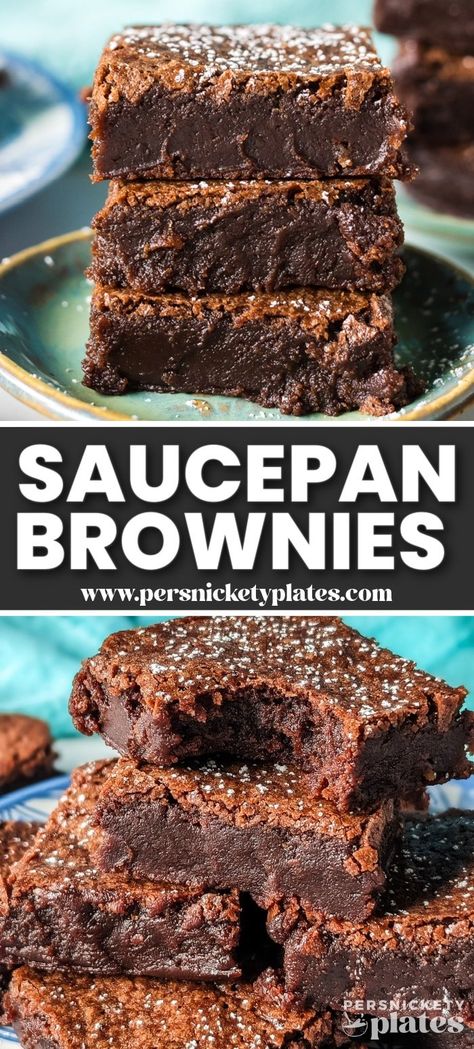 There's no comparing any store-bought brownie to the magic of homemade brownies, and these extra fudgy saucepan brownies are proof! With less flour than the average batch and the batter mixed on the stove, the resulting gooey brownies are downright swoon-worthy! Saucepan Brownies, Blondie Recipes, Persnickety Plates, Fudgy Cake, Holiday Baking List, Gooey Brownies, Dessert Recipies, Dessert Bar Recipe, Cookie Brownie Bars