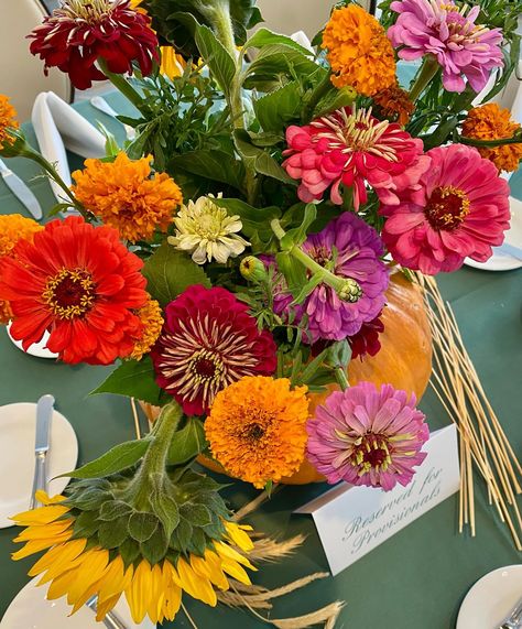 The Bel Air Garden Club Provisionals created centerpieces with pumpkin containers and hand selected flowers from Underwood Family Farms. Zinnias, sunflowers and marigolds work well together. #thebelairgardenclub #pumpkin #gardenflowers #colorful #texture #playful #tabletop Zinnia Centerpieces, Air Garden, Colorful Texture, Garden Club, Better Together, Family Farm, Bel Air, Sunflower, Texture