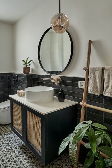 Black subway tiles, wicker detailing, and a chic bamboo ladder serve as visual highlights in the bathroom. Image Credits – Shamanth Patil Bamboo Bathroom Decor, Bamboo Ladder, White Walls Living Room, Black Subway Tiles, Bamboo Ladders, Bamboo Bathroom, Diy Bathroom Remodel, Subway Tiles, Diy House Projects