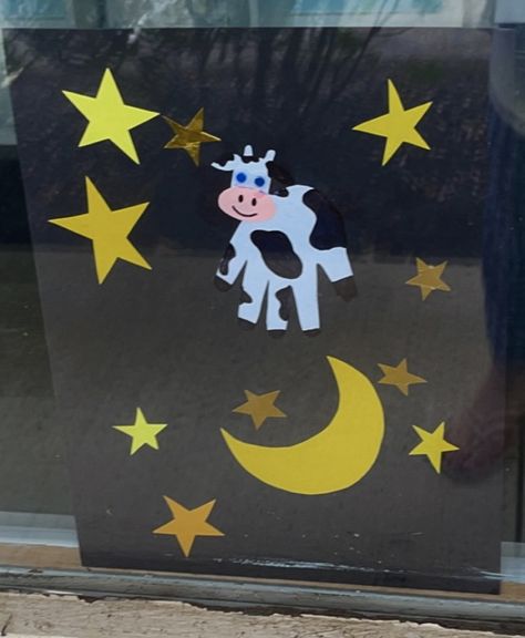 Nursery Rhymes Crafts For Toddlers, Nursery Rhyme Decorations, Cow Jumping Over The Moon, Cow Jumping, Nursery Rhyme Crafts, Infant Daycare, Infant Art, Space Preschool, Nursery Rhyme Theme