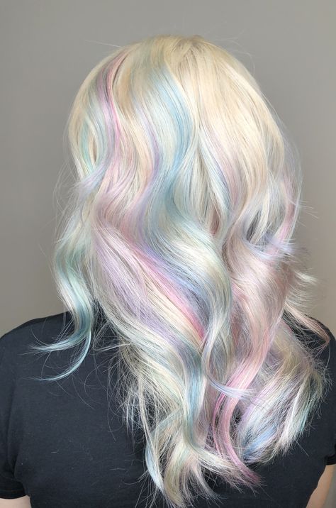 Pastel rainbow hair White Hair With Rainbow Highlights, Pastel Mint Hair, Blonde Pastel Hair, Opalescent Hair, Blonde Hair With Color, Opal Hair Color, Pastel Hair Dye, 12 Braids, Pastel Hair Color Ideas