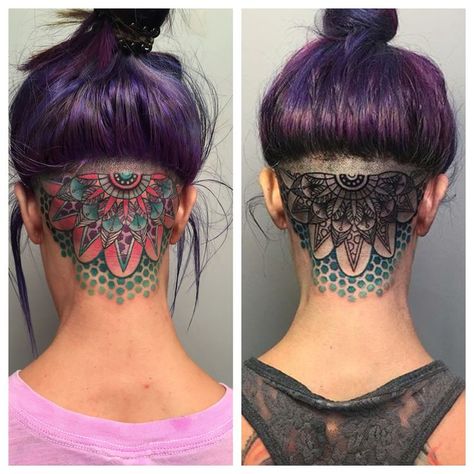 Scalp Tattoo Women, Mandala Head Tattoo, Head Tattoos Women, Back Of Head Tattoo, Undercut Tattoos, Hairline Tattoos, Scalp Tattoo, Hairstyles Undercut, Jessica White