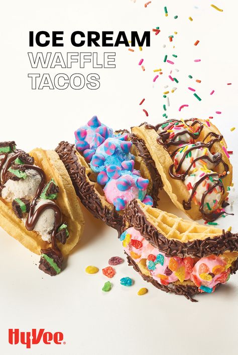 Here's why you should always have frozen waffles and ice cream in the freezer during summer. This no-recipe-required dessert is all about mixing up fun flavors and toppings, like unicorn cotton candy, birthday cake, and mint Oreo into a fun waffle taco shell. Find everything you need for your next ice cream party at your local Hy-Vee or shop online at Hy-Vee.com. Cotton Candy Birthday Cake, Taco Ice Cream, Waffle Tacos, Unicorn Cotton Candy, Waffles And Ice Cream, Cotton Candy Birthday, Candy Birthday Cake, Cream Tacos, Dessert Tacos