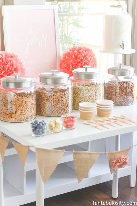 Cereal Bar Ideas: Brunch shower, bridal shower, mother's day, baby shower breakfast party Cereal Bar Ideas, Cereal Bars Party, Breakfast Party Decorations, Pink Cereal, First Birthday Brunch, Bridal Brunch Food, Breakfast Brunch Party, Graduation Brunch, Kids Brunch