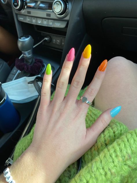 Rainbow Nails Aesthetic, Multi Colored Acrylic Nails, Rainbow Nails Simple, Multicolor Nails Acrylic, Colorful Nails Coffin, Nails All Different Colors, Primary Color Nails, Multi Colored Nails, Different Color Nails