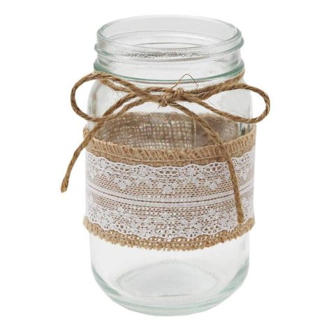 Decorating Glass Jars, Lace Jars, Led Bottle Light, Wedding Jars, Wicker Hearts, Flowers In Jars, Led Tea Lights, Wooden Lanterns, Rope Crafts Diy