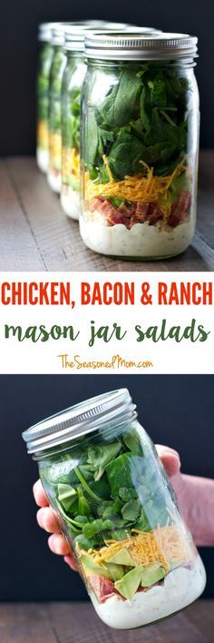 Salads With Chicken, Mason Jar Lunch, Spinach And Bacon, Mason Jar Salads, Salad Jar Recipe, Jar Salads, Jar Salad, Mason Jar Salad Recipes, The Seasoned Mom