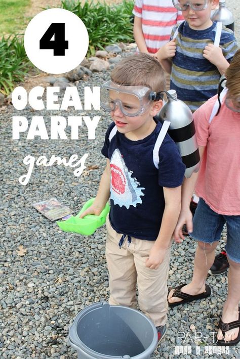 Try this four games at your under the sea birthday party: excavate a sea creature, rescue the ocean animals, shark tag, and sea creature crafting. Follow for more party game ideas. Under The Sea Party Games, Sea Themed Birthday Party, Ocean Party Favors, Dolphin Birthday Parties, Ocean Games, Dolphin Party, Save The Sea Turtles, Ocean Theme Party, Ocean Birthday