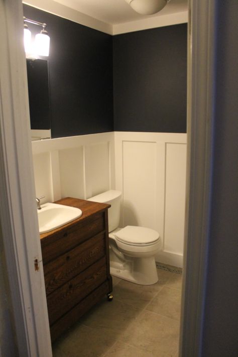 DIY Board and Batten Lulabelle Farmhouse, Board And Batten Half Bath, Half Bath With Wallpaper, Board And Batten Wall Bathroom, Condo Entryway, Wall Remodel, Sunrise House, Diy Board And Batten Wall, Diy Board And Batten