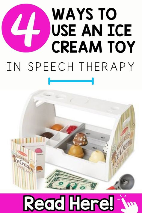 Read how to use an ice cream theme toy while using the cycles approach for phonological processes, minimal pairs, to target final consonant deletion, and as a quick reinforcer during articulation drill activities in speech therapy. Play based speech therapy ideas to target speech sound disorders included. Ice Cream Counter, Apraxia Activities, Minimal Pairs, Final Consonant Deletion, Childhood Apraxia Of Speech, Minimal Pair, Phonological Processes, Preschool Speech Therapy, Serve Ice Cream