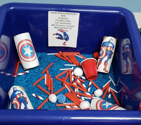 Captian America Sensory Bin America Sensory Bin, Spiderman Sensory Bin, Super Hero Sensory Bins, Superhero Sensory Bin, Superhero Sensory, Superhero Theme Preschool, Spider Sensory, Superhero Week, Superhero Activities