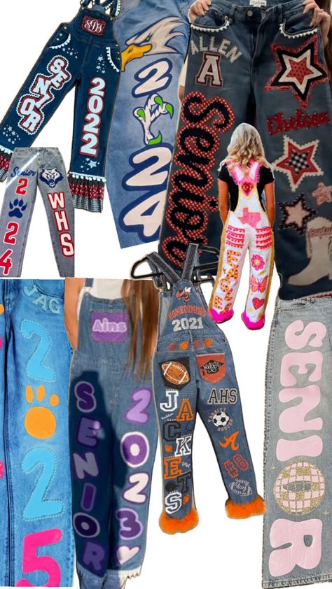 Senior Painted Jeans, Senior Year Planning, Senior Pants, Senior Year Diy, Senior Year Things, Senior Year Fun, Homecoming Spirit Week, Senior Jeans, Custom Cheer Bows