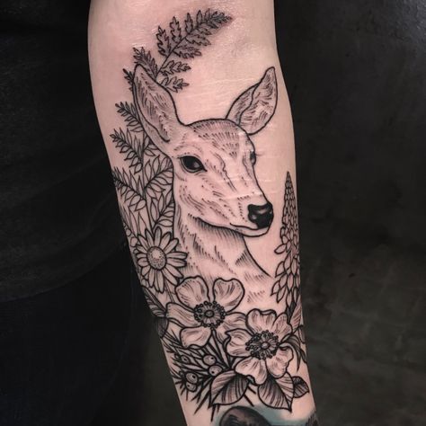 Deer Tattoos, Doe Tattoo, Sleeve Inspiration, Deer Tattoo, Beautifully Broken, R Tattoo, Flowers Tattoo, Head Tattoos, Dark Tattoo