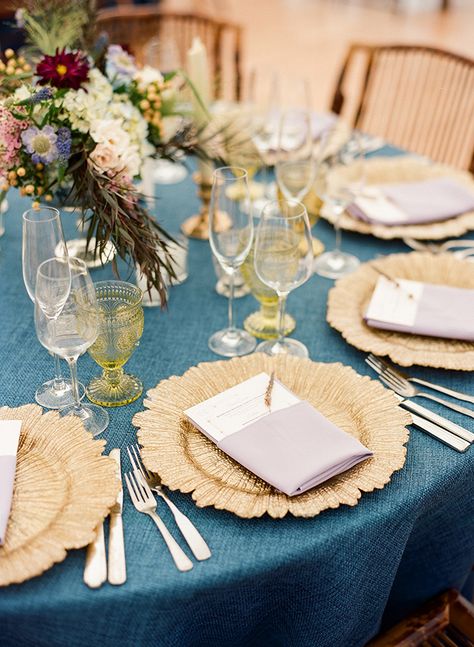 Teal and Gold Wedding Decor  https://heyweddinglady.com/colorful-chic-nantucket-wedding-day/  #wedding #weddings #weddinginspiration #realwedding #weddingday #nantucket #colorful #brides Teal Table Setting Wedding, Teal And Rust Wedding Table Decor, Teal And Orange Table Setting, Teal Gold White Wedding Table Settings, Teal Tablecloth Wedding, Teal Gold Wedding, Teal And Grey Wedding, Bridal Colors, Gold Charger Plates