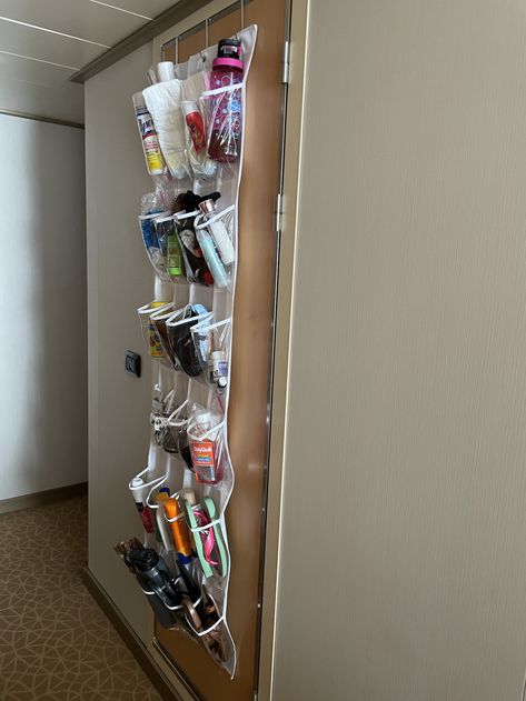 An over the door shoe holder is great for organizing necessities in small cruise ships cabins! Cruise Necessities, Cabin Organization, Cruise With Kids, Cruise Hacks, Pack For A Cruise, Hanging Shoe Storage, Ship Ideas, Hanging Shoe Rack, Shoe Holder