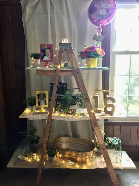 Step Ladder Decor, Mini Ladder Decor, Diy Ladder Shelf, Smores Station, Inside Decor, Picture Shelves, Sweet Sixteen Birthday, Ladder Shelf, Christmas Crafts For Gifts