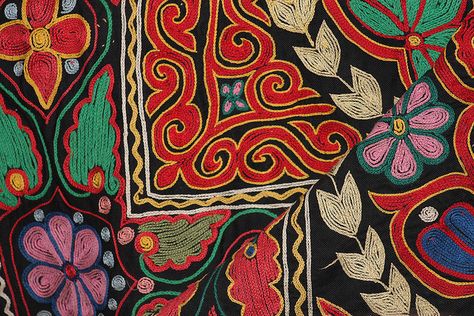 Kazakh embroidery on a traditional Kazakh rug. Rug purchased and photographed by by Mark Heard, via Flickr Colorful Places, Redwork Embroidery, Style Deco, Ancient Cultures, Mongolia, Textile Patterns, Textile Prints, Embroidery Art, Embroidery Stitches