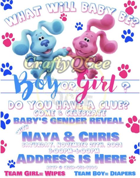 Blues Clues Gender Reveal Shirt, Blues Clues Gender Reveal Ideas, Gender Reveal Party Theme, Gender Reveal Themes, Gender Reveal Ideas, Gender Reveal Shirts, Blue’s Clues, Baby Gender Reveal Party, Gender Reveal Invitations