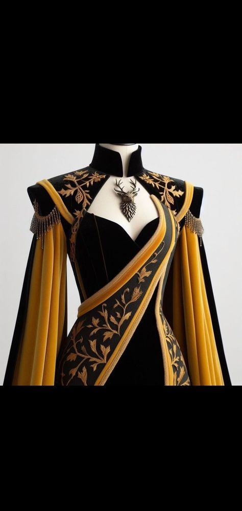 Apollo Outfit, Black Medieval Dress, Black Fantasy Dress, Black And Yellow Dress, Dream Outfits, Yellow Outfit, Medieval Dress, Boring Clothes, Fantasy Dress