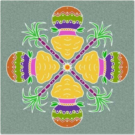 Rangoli patterns are usually symmetrical and beautiful and it is believed that goddess Lakshmi will see these rangoli designs and bless the family with wealth. The designs are created by mixing rice powder with different colours and hues. #Pongal #Rangoli #RangoliDesigns Best Rangoli Design, Rangoli Designs For Competition, Poster Rangoli, Latest Rangoli, Rangoli Colours, Indian Rangoli, Simple Rangoli Border Designs, Rangoli Patterns, Muggulu Design