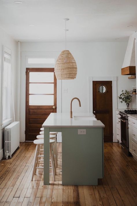 Photo 7 of 17 in Before & After: A 19th-Century Row House Becomes a Boho Newlyweds’ Nest - Dwell Row House Kitchen, House Kitchen Ideas, Green Kitchen Island, Scandinavian House, Ikea Raskog, Mini Houses, House Design Exterior, Lancaster Pennsylvania, Kitchen Range Hood