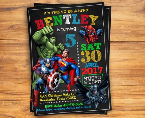 Download FREE Printable Chalkboard Superhero invitation template ! (FREE PRINTABLE) downloadable Invitations Templates for your next awesome party. Click here to browse the available invitations and edit it online with Drevio Canvas Avengers Invitation, Avenger Party, Free Chalkboard Printables, Avengers Birthday Party, Superhero Birthday Party Invitations, Marvel Birthday Party, Marvel Party, Superhero Birthday Invitations, Superhero Invitations