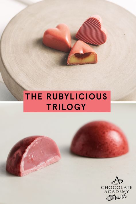 Learn how to use Callebaut®’s Ruby RB1 - an exciting new couverture to explore - with these three free Chefs' recipes, part of a growing series of our online courses on Ruby. Make some amazing and tasty Ruby Ginger Praline, create an exquisite fruity ganache for the Berry Ruby Passion Bonbons and discover how to showcase Ruby RB1 in a spectacular flavor combination with the Ruby Avocado Entremet. Ruby Chocolate Recipes, Bonbons Recipe, Chocolate Bonbons Recipe, Valentine's Chocolate, Bon Bons Recipe, Ruby Chocolate, Chefs Recipes, Chocolate Bonbons, Valentine Chocolate