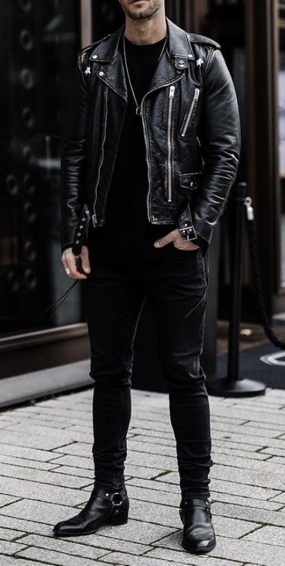 Biker Outfit Men, Bad Boy Outfits, Men's Leather Jackets, Rock Style Men, Leather Jacket Outfit Men, Black Outfit Men, Black Biker Jacket, Biker Outfit, Look Rock