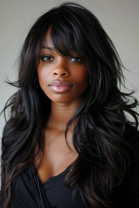 I absolutely love long layered hair with bangs! It's a classic hairstyle that can be worn in so many different ways. Whether you're looking for a subtle Hair With Bangs Black Women, Fringe Bangs Black Women, Long Layered Hair With Bangs, Long Hair Older Women, Bang Hairstyles, 2022 Makeup, Bangs Wavy, Bangs Wavy Hair, China Trip