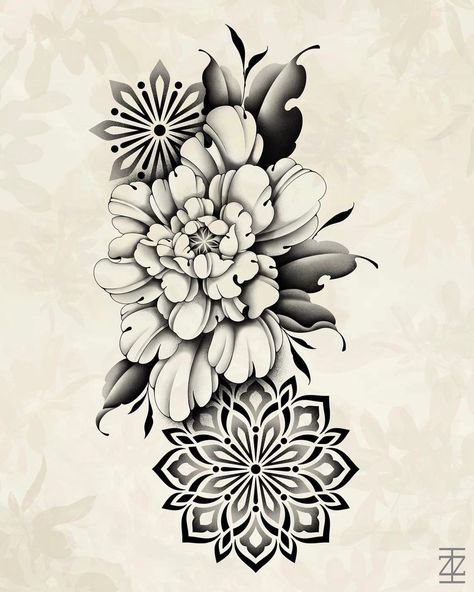 Seoul Tattoo, Portrait Tattoo Sleeve, Geometric Flower Tattoo, Mandala Flower Design, Floral Mandala Tattoo, Mandala Flower Tattoos, Japanese Flower Tattoo, Dr Woo, Geometric Mandala Tattoo