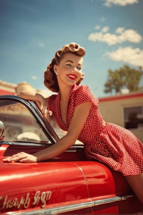 1950s pin-up woman lounging on a candy red convertible by Jure Salej - Playground Woman Lounging, Goddess Photography, Red Convertible, 1950s Pin Up, 1950s Pinup, Pin Up Photos, Pin Up Models, Candy Red, Marilyn Monroe Photos