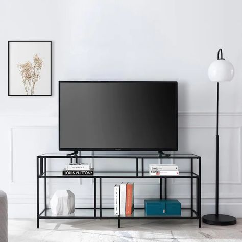 Metal Tv Stand, Glass Tv Stand, Media Console Table, Tv Shelf, Cool Tv Stands, Tv Stands And Entertainment Centers, Metal Shelves, Furniture Outlet Stores, Glass Shelves